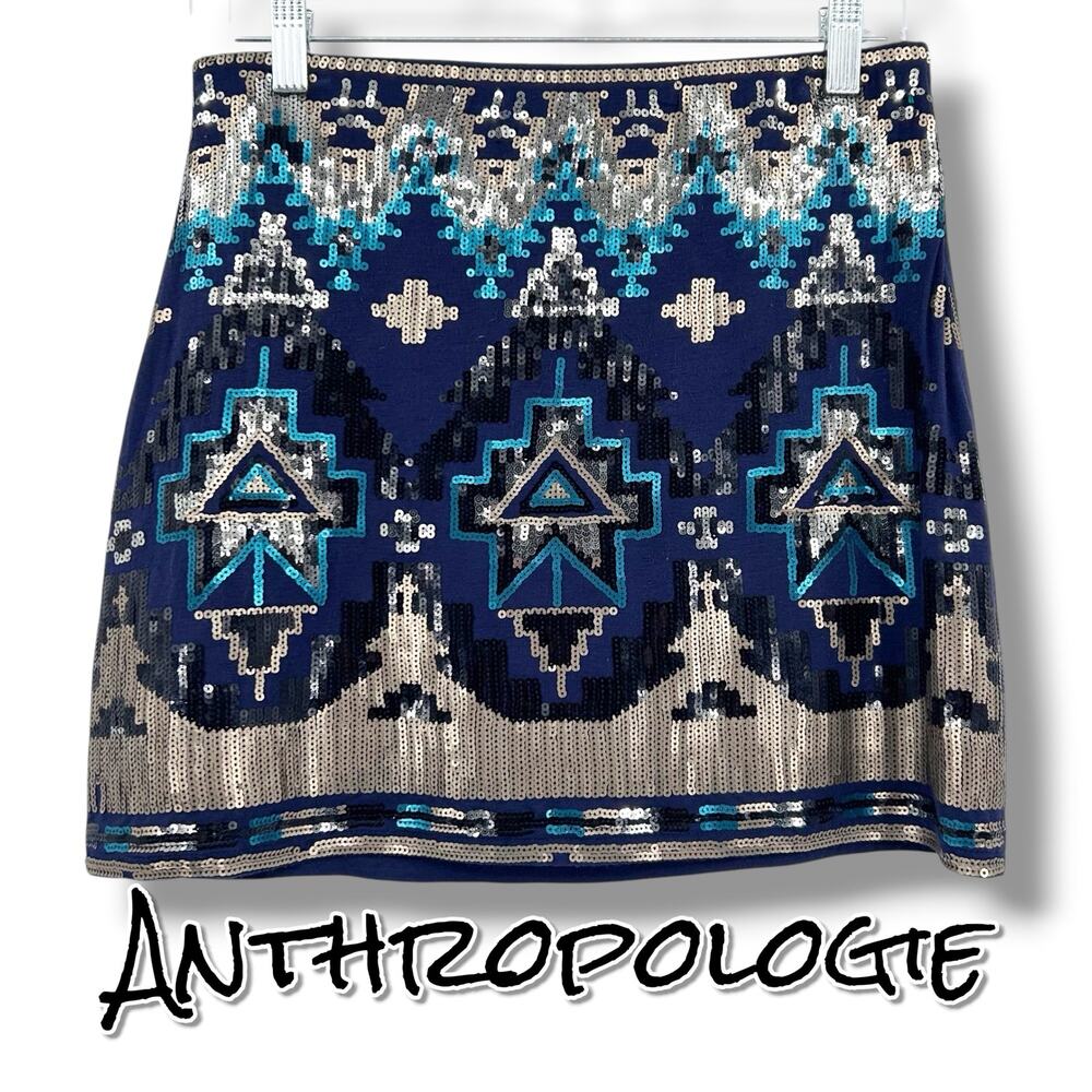 Anthropologie Blue Sequin Tribal Mini Skirt Geometric Festival Party Size M